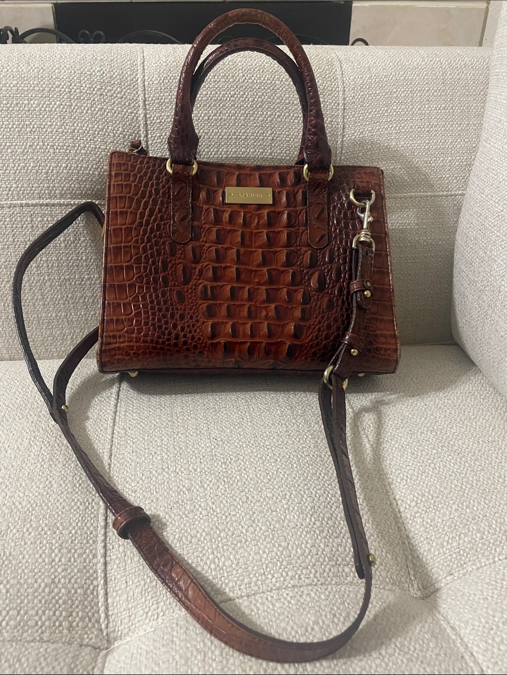 Brahmin Chestnut Croc-Embossed Leather Satchel with Strap
